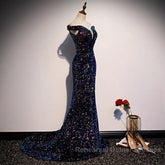 Glitter navy Sequins Off Shoulders Tight Fit Formal Semi Formal Prom Dress